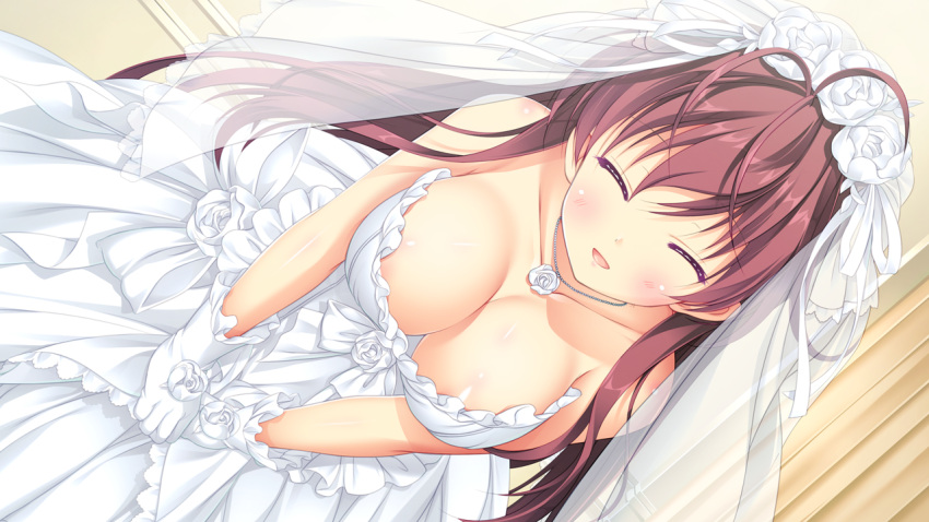 1girl ayazaki_sumire bare_shoulders blush breasts bridal_veil bride brown_hair cleavage closed_eyes downblouse dress dutch_angle game_cg gloves hands_together jewelry large_breasts long_hair melty_moment necklace odawara_hakone smile solo strapless_dress v_arms veil wedding_dress white_dress white_gloves