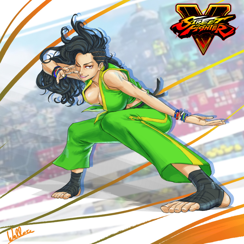 1girl ankle_wraps asymmetrical_hair barefoot black_hair bracelet breasts brown_eyes commentary cornrows crop_top feet fighting_stance grin highres jewelry laura_matsuda long_hair midriff no_shoes one_eye_closed pants shirt signature smile street_fighter street_fighter_v tape tied_shirt toeless_socks toes wallace_pires wavy_hair