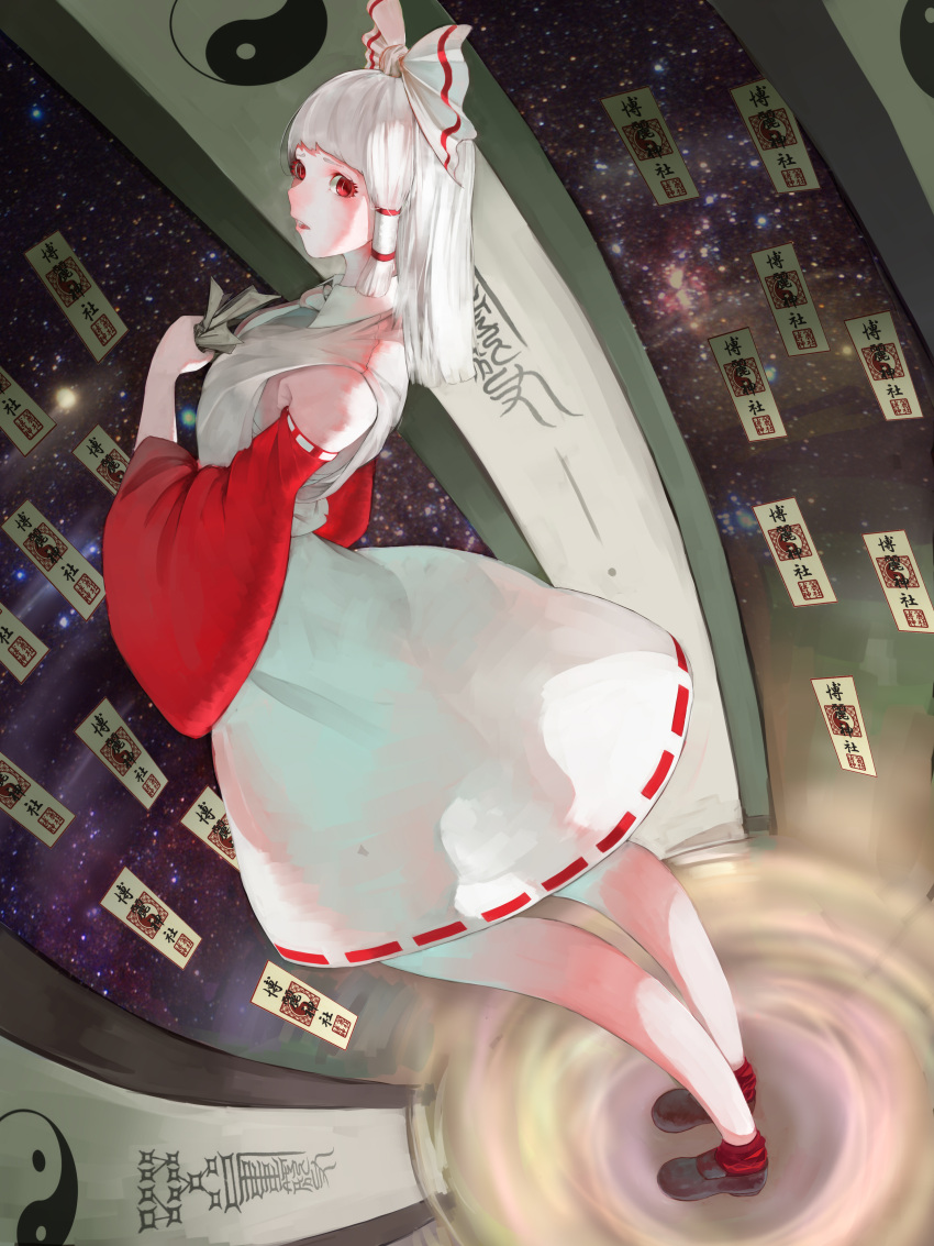 1girl absurdres albino alternate_costume ascot bad_anatomy bow breasts brown_shoes commentary_request detached_sleeves error future hair_bow hair_tubes hakurei_reimu highres holding_paper kotton legs long_hair looking_to_the_side open_mouth pale_skin red_eyes red_legwear red_pupils reflective_eyes ribbon-trimmed_skirt ribbon-trimmed_sleeves ribbon_trim sarashi scroll shoes shooting_star skirt sleeveless solo space standing talismans teeth tongue touhou white_hair white_skin white_skirt wide_sleeves yin_yang