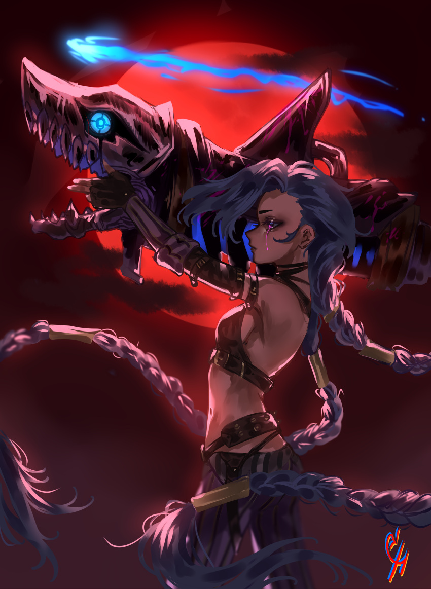 1girl absurdres arcane:_league_of_legends artist_name bangs bare_shoulders belt blue_hair braid breasts brown_belt brown_gloves clouds coconuthound crop_top fingerless_gloves from_side gloves glowing glowing_eye highres jinx_(league_of_legends) league_of_legends long_hair moon pants red_background red_moon red_sky rocket_launcher sharp_teeth sky small_breasts solo striped striped_pants tears teeth twin_braids very_long_hair weapon