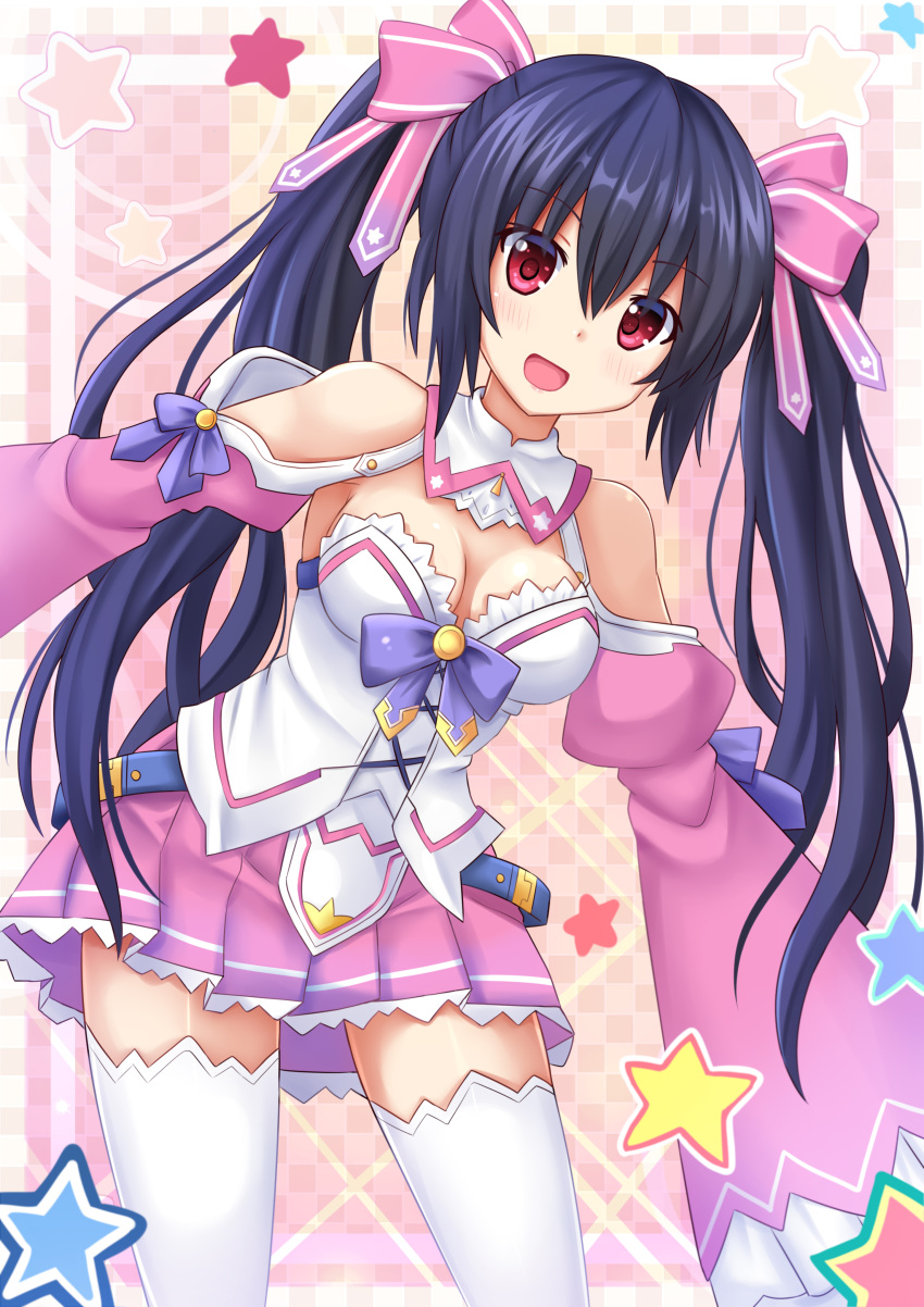 1girl :d absurdres alternate_costume bare_shoulders black_hair blush breasts checkered checkered_background choujigen_game_neptune cleavage collar detached_sleeves hair_ribbon highres kazenokaze magical_girl neptune_(series) noire open_mouth pink_skirt pleated_skirt red_eyes ribbon skirt smile star thigh-highs twintails white_legwear wide_sleeves zettai_ryouiki