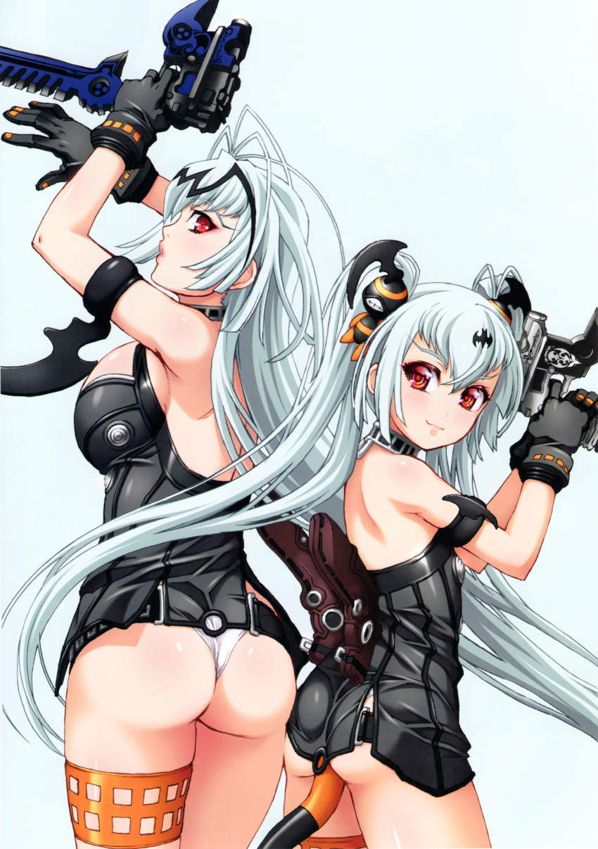 2girls absurdres age_progression alice_(queen's_gate) armband ass bat_hair_ornament black_gloves gloves gun hair_ornament handgun highres long_hair mauser_c96 multiple_girls official_art queen's_gate red_eyes twintails very_long_hair weapon white_hair