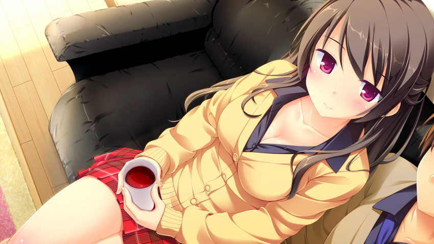 1boy 1girl blush breasts brown_hair cleavage collarbone couch cup faceless faceless_male female from_above game_cg highres holding ichijou_aki long_hair looking_at_viewer looking_up male melty_moment plaid plaid_skirt pleated_skirt school_uniform sitting skirt smile solo_focus source_request takayaki violet_eyes