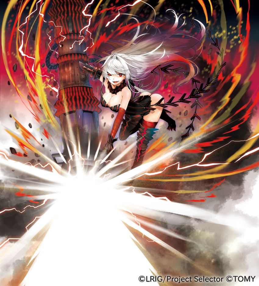 1girl breasts cleavage gloves highres long_hair official_art red_eyes solo thigh-highs tokiti weapon white_hair wixoss