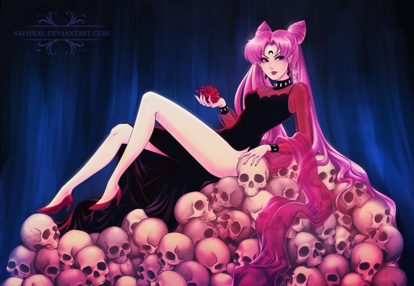 1girl bishoujo_senshi_sailor_moon black_lady brittany_fuerst chibi_usa crescent double_bun earrings facial_mark flower forehead_mark full_body high_heels jewelry lipstick long_hair makeup nail_polish pink_hair pink_lipstick red_eyes rose see-through skull solo twintails very_long_hair watermark web_address