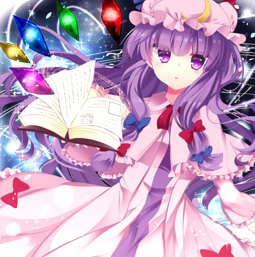 1girl book bow capelet hair_bow hat highres kozue1120 magic_circle mob_cap patchouli_knowledge philosopher's_stone purple_hair solo touhou violet_eyes