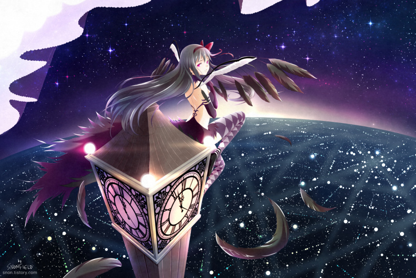 1girl akemi_homura akuma_homura argyle argyle_legwear bangs bare_shoulders black_hair black_shoes bow choker city clock clock_tower curtains dress elbow_gloves feathered_wings feathers gloves hair_bow hairband highres long_hair looking_at_viewer looking_back mahou_shoujo_madoka_magica mahou_shoujo_madoka_magica_movie night night_sky pink_eyes ribbon shoes signature sitting sky snonfield solo spoilers star_(sky) thigh-highs tower twilight violet_eyes watermark web_address wings