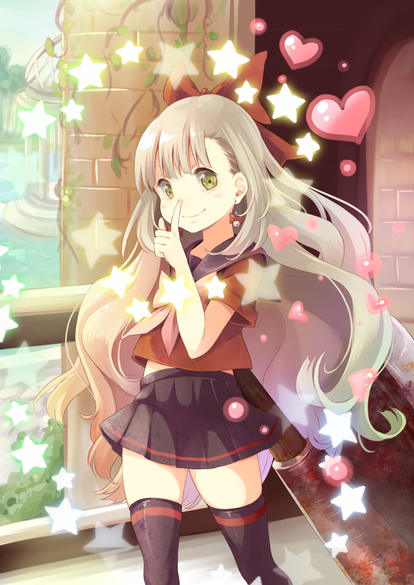 1girl axe bangs black_legwear black_skirt blonde_hair blood bloody_weapon blush bow building closed_mouth earrings finger_to_mouth green_hair grey_hair hair_bow heart highres hpflower huge_weapon index_finger_raised jewelry light_brown_hair long_hair looking_at_viewer mayu_(vocaloid) miniskirt multicolored_hair oversized_object pleated_skirt purple_hair red_bow red_shirt sailor_collar shirt short_sleeves shushing skirt smile solo star thigh-highs very_long_hair vines vocaloid walking weapon yellow_eyes zettai_ryouiki