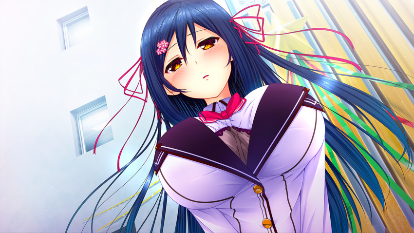 1girl bangs blazer blue_hair blush bow bowtie breasts building buttons cherry_blossoms come_hither dutch_angle game_cg hair_between_eyes hair_ornament hair_ribbon hairclip half-closed_eyes kagami_suzuha lace large_breasts long_hair long_sleeves looking_at_viewer multicolored_eyes orange_eyes outdoors parted_lips ren'ai_phase ribbon school_uniform solo star upper_body usume_shirou v_arms very_long_hair violet_eyes window