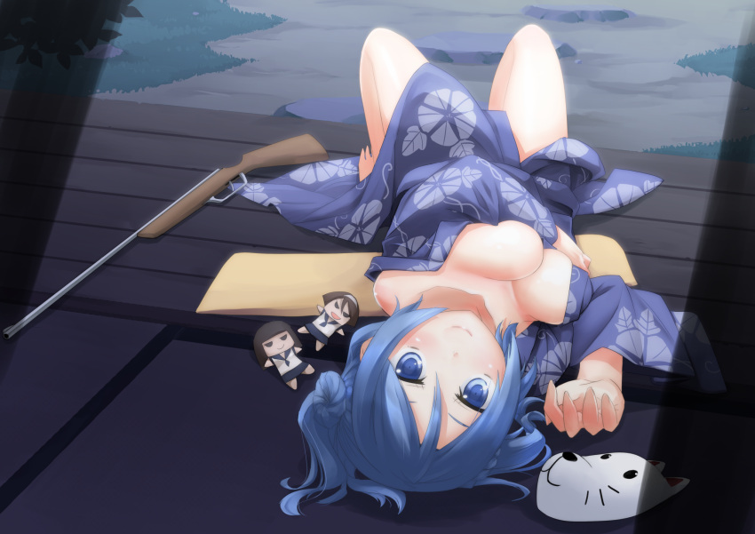 1girl blue_eyes blue_hair breasts commentary_request doll highres isokaze_(kantai_collection) japanese_clothes kantai_collection kimono large_breasts looking_at_viewer mask mask_removed solo tanikaze_(kantai_collection) toy_gun urakaze_(kantai_collection) yukata yuuki_eishi