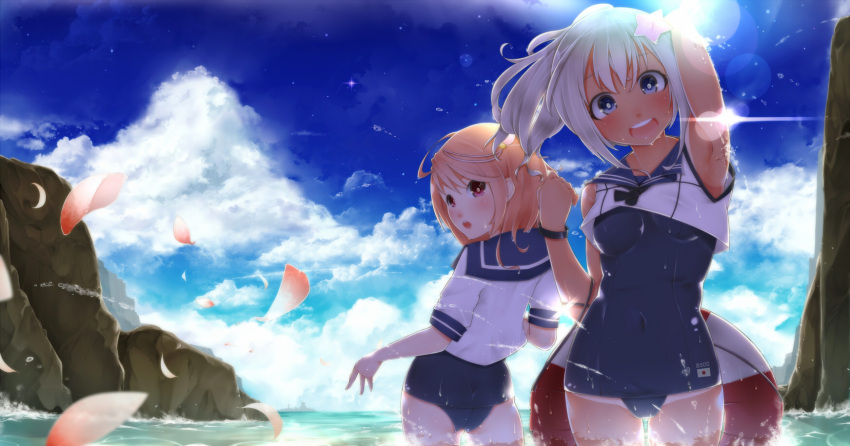 2girls ahoge arm_up armpits blonde_hair blue_eyes blush crop_top elizax9x flower hair_flower hair_ornament highres i-58_(kantai_collection) imperial_japanese_navy kantai_collection lifebuoy long_hair looking_at_viewer multiple_girls one-piece_tan open_mouth pink_hair ponytail red_eyes ro-500_(kantai_collection) sailor_collar school_swimsuit school_uniform serafuku short_hair smile swimsuit swimsuit_under_clothes tan tanline