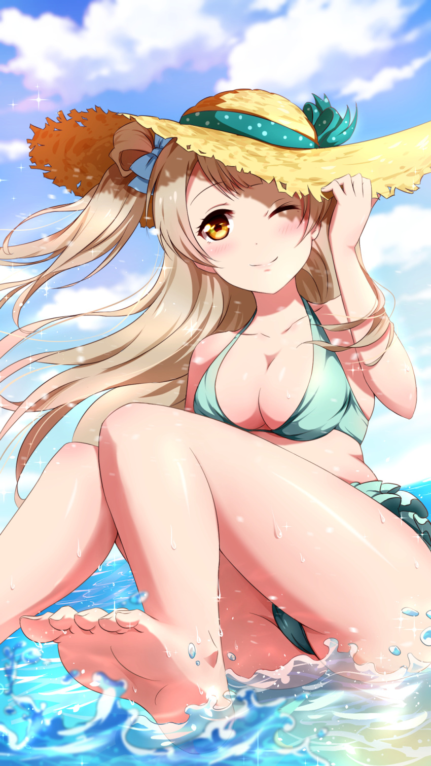 1girl ;) barefoot bikini bow breasts brown_eyes brown_hair cleavage feet hair_bow hat highres long_hair looking_at_viewer love_live!_school_idol_project minami_kotori one_eye_closed side_ponytail smile soles solo sun_hat swimsuit toes xiao_ren