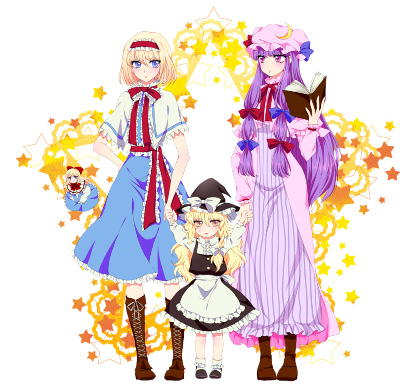 3girls alice_margatroid apron arms_up blonde_hair blue_dress blue_eyes book boots bow braid brown_boots capelet crescent cross-laced_footwear doll dress eye_contact full_body hair_bow hair_ornament hair_ribbon hairband hat hat_bow hat_ribbon holding_hands kirisame_marisa knee_boots lace-up_boots long_hair long_sleeves looking_at_another maruta_(shummylass) mob_cap multiple_girls open_book patchouli_knowledge puffy_sleeves purple_hair ribbon sash shanghai_doll shirt shoes short_hair side_braid single_braid skirt skirt_set socks star striped striped_dress touhou vest violet_eyes waist_apron white_legwear witch_hat yellow_eyes younger