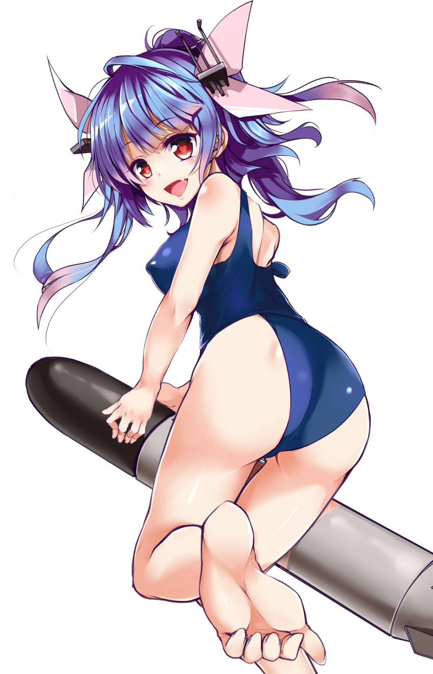 1girl absurdres ass back blossomsa blue_hair breasts hair_ornament hair_ribbon highres i-19_(kantai_collection) kantai_collection long_hair one-piece_swimsuit open_mouth red_eyes ribbon school_swimsuit smile solo star star-shaped_pupils swimsuit symbol-shaped_pupils torpedo twintails