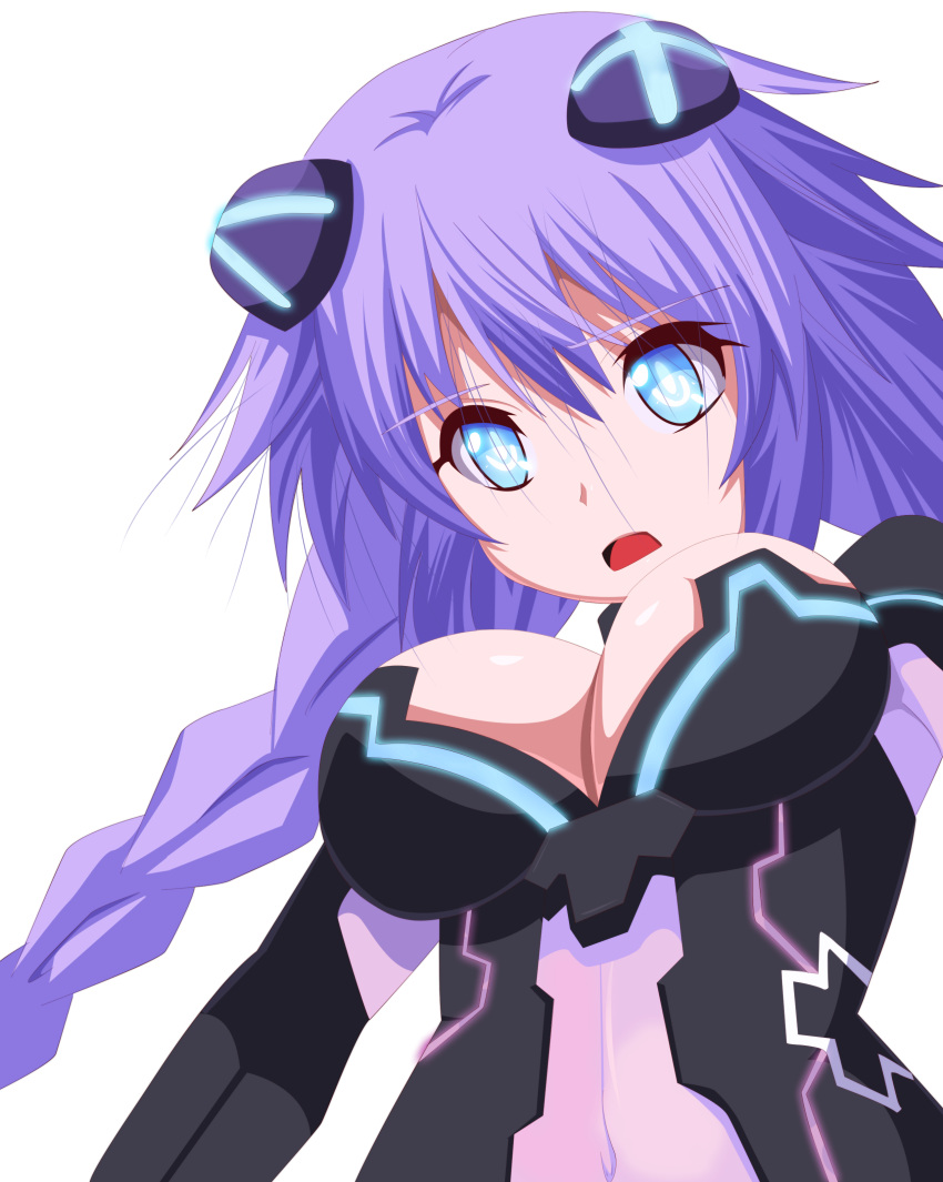 1girl :o absurdres bangs blue_eyes blush braid breasts cleavage covered_navel hair_ornament highres leotard long_hair looking_at_viewer magical_girl neon_trim neptune_(choujigen_game_neptune) neptune_(series) open_mouth planeptune power_symbol purple_hair purple_heart simple_background symbol-shaped_pupils transparent_background twin_braids upper_body very_long_hair