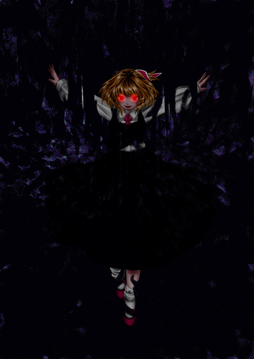 1girl :d blouse darkness evil_smile ex-rumia glowing glowing_eyes highres mary_janes nagasehachi_koromoko open_mouth red_eyes red_shoes rumia shoes short_hair skirt smile touhou vest