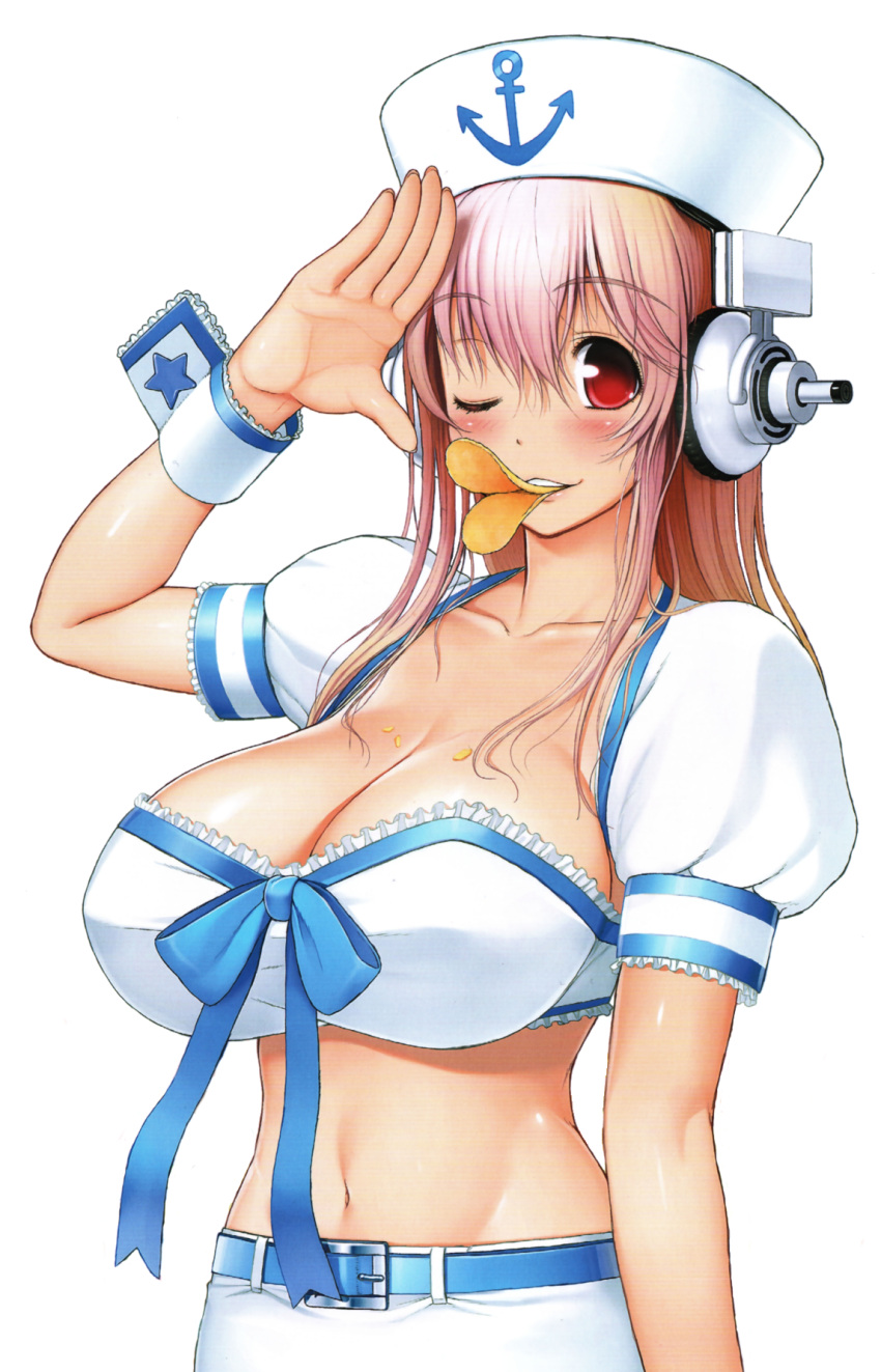 1girl anchor anchor_symbol bandeau blush breasts chips cleavage collarbone crumbs food hat headphones highres large_breasts long_hair looking_at_viewer mouth_hold navel nitroplus official_art pink_hair potato_chips pringle_duck pringles puffy_short_sleeves puffy_sleeves red_eyes salute short_sleeves smile solo strapless super_sonico tsuji_santa wink wrist_cuffs