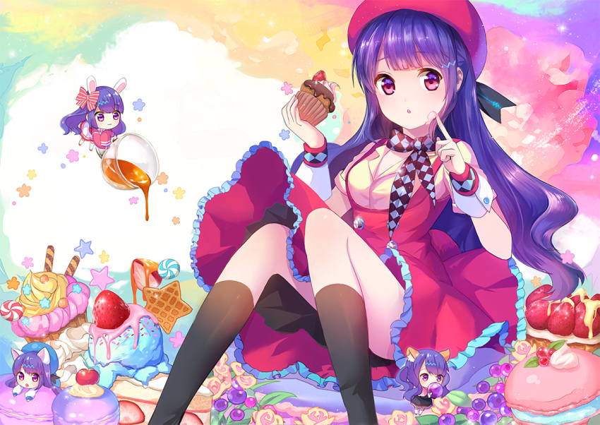 1girl :o animal_ears bangs beret black_legwear blunt_bangs bow cake candy cat_ears checkered_scarf chibi cream cupcake dress dual_persona eating flying food food_on_face frilled fruit hair_bow hair_ornament hairclip hat holding_food honey ice_cream index_finger_raised long_hair long_sleeves macaron purple_hair rabbit_ears ribbon scarf short_sleeves sitting sleeves_past_wrists smile solo_focus standing star stellarism strawberry striped striped_bow sweets tail thigh-highs two_side_up very_long_hair violet_eyes vocaloid white_legwear wrist_cuffs xin_hua zettai_ryouiki