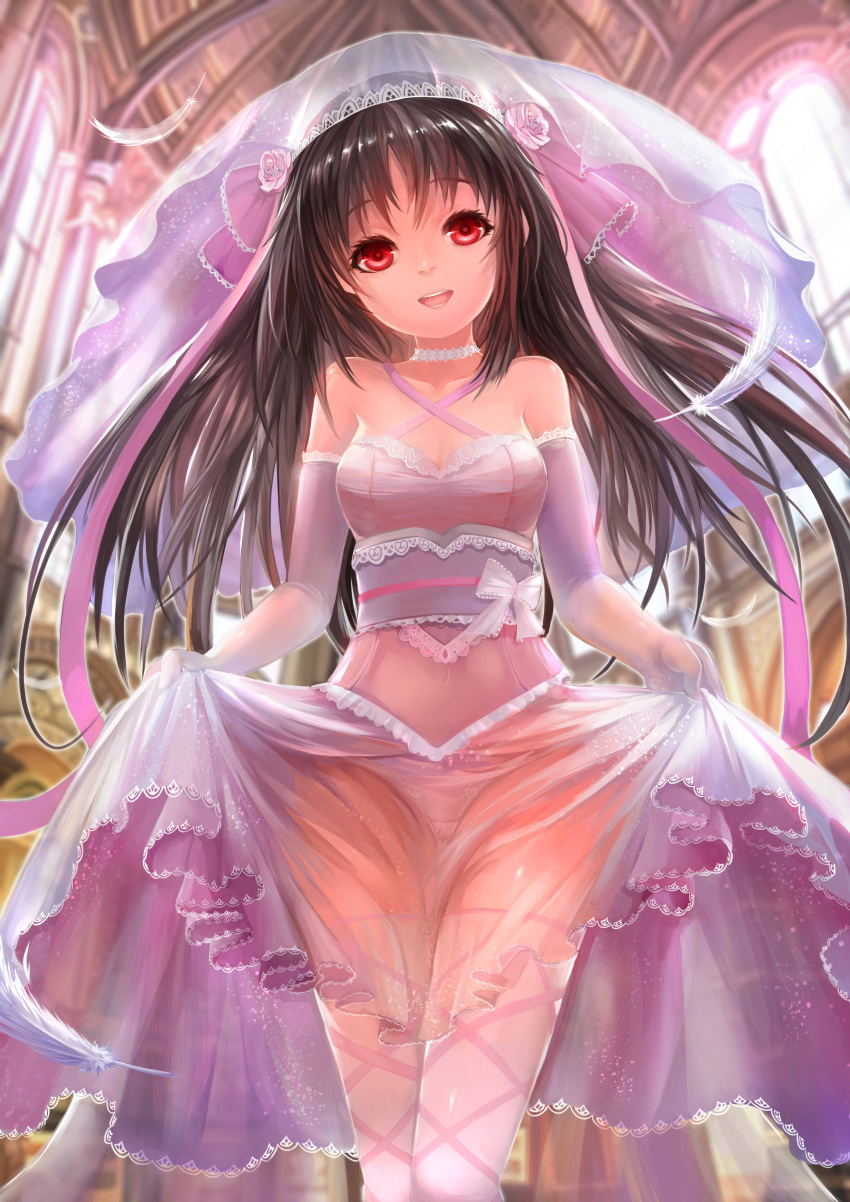 1girl :d absurdres bare_shoulders black_hair bow breasts bridal_veil dress dress_lift elbow_gloves ensinn feathers flower gloves hair_flower hair_ornament highres machine-doll_wa_kizutsukanai open_mouth panties red_eyes see-through smile tagme underwear veil wedding_dress white_legwear white_panties yaya_(machine-doll)