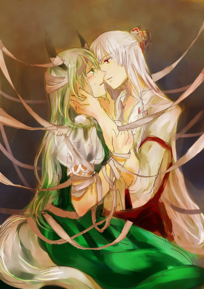 2girls bandages chin_grab commentary_request dress ex-keine fujiwara_no_mokou green_dress half_updo hand_on_another's_arm hele highres horns incipient_kiss kamishirasawa_keine long_hair multicolored_hair multiple_girls profile sketch tail tears touching touhou two-tone_hair very_long_hair yuri