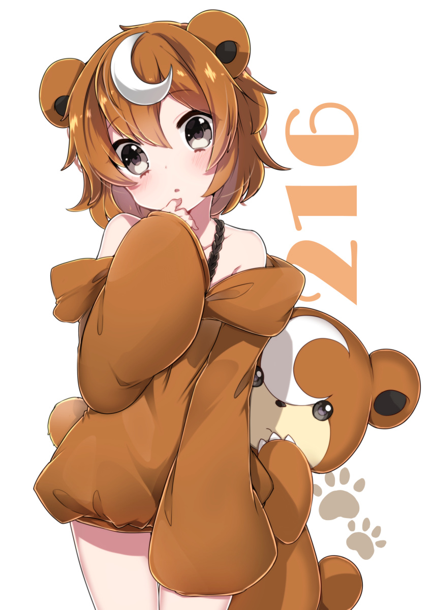 1girl :o animal_ears bare_shoulders bear bear_ears bear_tail blush brown brown_hair crescent_hair_ornament crescent_moon grey_eyes hair_ornament hairpin highres humanization long_sleeves looking_at_viewer moemon moon number paw_print paws personification pokemon simple_background tail takeshima_(nia) teddiursa white_background