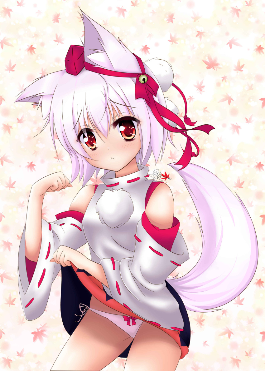 1girl :3 absurdres animal_ears autumn_leaves bell blush breasts darktrified detached_sleeves hair_ribbon hat highres inubashiri_momiji leaf looking_at_viewer panties pink_panties pom_pom_(clothes) red_eyes ribbon ribbon-trimmed_sleeves ribbon_trim short_hair silver_hair skirt skirt_lift solo tail tokin_hat touhou underwear watermark wolf_ears wolf_tail