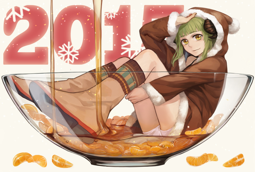 1girl 2015 bangs blunt_bangs boots closed_mouth food fruit full_body glass green_eyes green_hair gumi hand_on_headwear highres honey hooded_jacket horns in_bowl in_container in_food looking_at_viewer mandarin_orange nengajou new_year pom_pom_(clothes) sheep_horns short_hair sitting smile snowflakes solo vocaloid white_shorts yellow_eyes yumao