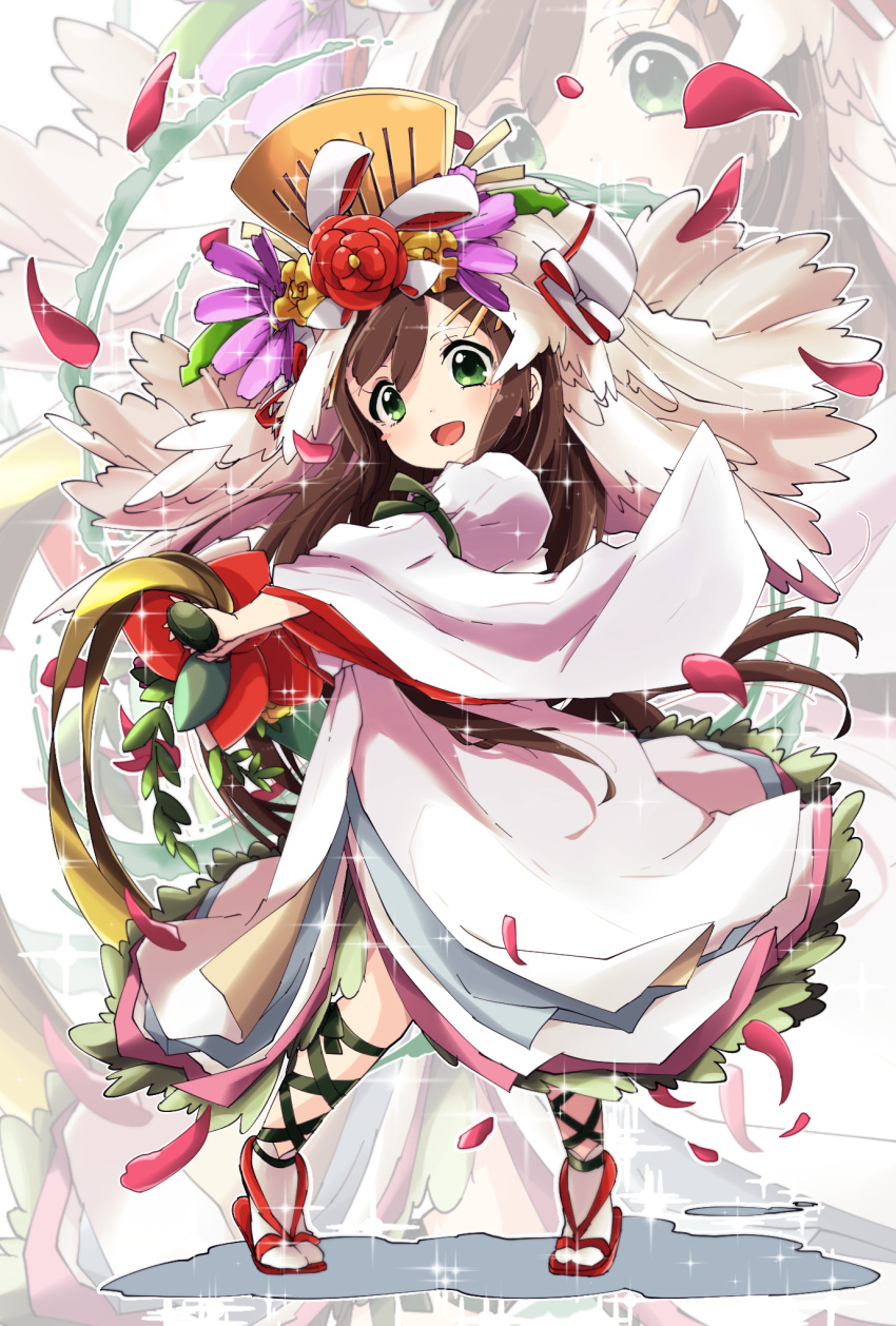 1girl :d blush_stickers brown_hair dress flower green_eyes headdress highres holding holding_sword holding_weapon japanese_clothes kushinada_(p&amp;d) leaf long_hair long_sleeves open_mouth outline petals pigeon-toed pikomarie puzzle_&amp;_dragons ribbon smile socks solo sparkle standing sword tabi tiptoes weapon white_dress wide_sleeves zoom_layer