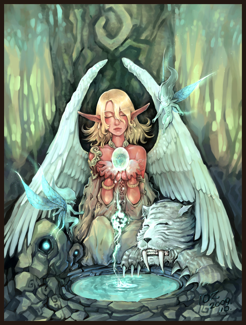 10z 1girl 2009 angel_wings bare_shoulders blonde_hair bracelet character_request closed_eyes earrings fairy highres jewelry pointy_ears sitting tiger warcraft well wings world_of_warcraft
