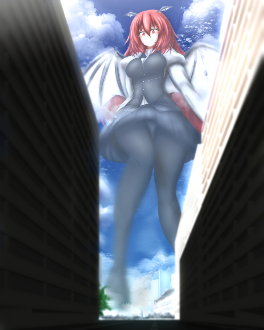 1girl absurdres bat_wings blurry blush_stickers city clouds cloudy_sky demon_girl destruction giantess head_wings highres koakuma long_hair neva panties panties_under_pantyhose pantyhose pantyshot pantyshot_(standing) redhead sky smile solo standing succubus touhou underwear wings