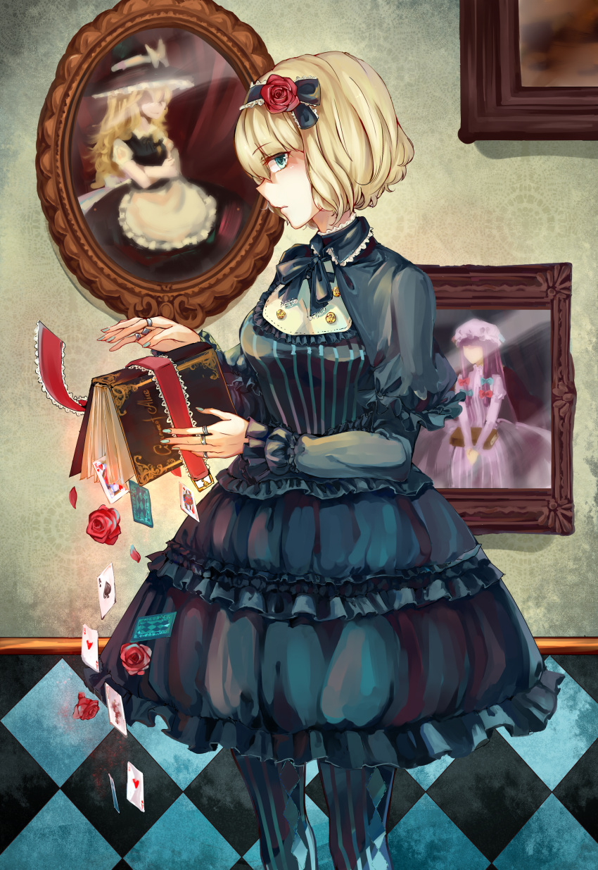 1girl absurdres aili_(aliceandoz) alice_margatroid alternate_costume apron blonde_hair blue_eyes book capelet card checkered checkered_floor cowboy_shot expressionless fingernails flower grimoire_of_alice hair_flower hair_ornament hairband hat highres kirisame_marisa lolita_fashion lolita_hairband looking_at_viewer nail_polish neck_ribbon open_book pantyhose patchouli_knowledge photo_(object) playing_card profile puppet_rings red_rose ribbon rose short_hair side_glance solo standing striped striped_legwear touhou vertical-striped_legwear vertical_stripes waist_apron witch_hat