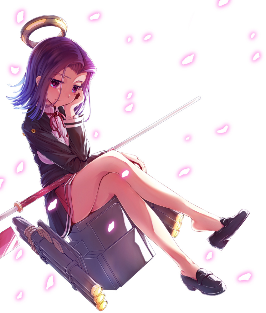 1girl backlighting cherry_blossoms chin_rest crossed_legs full_body glaive highres kantai_collection legs light_smile loafers long_sleeves looking_at_viewer mecha_musume mechanical_halo miniskirt mocha no_socks petals pleated_skirt purple_hair school_uniform shoe_dangle shoes short_hair simple_background sitting skirt solo tatsuta_(kantai_collection) violet_eyes white_background