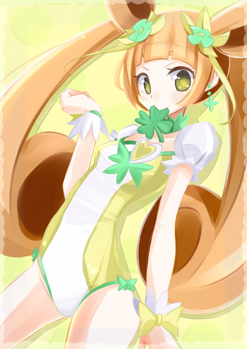 1girl adapted_costume brown_hair clover cure_rosetta dokidoki!_precure dorasan four-leaf_clover highres leotard long_hair mouth_hold precure side-tie_leotard solo twintails yellow_eyes yotsuba_alice