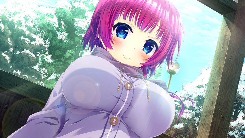1girl bangs blue_eyes blush breasts buttons clouds coat colored_eyelashes day drawstring dutch_angle game_cg kumihama_yuki lamppost large_breasts lens_flare light_smile nironiro outdoors purple_hair ren'ai_phase scarf short_hair_with_long_locks sky smile snow solo tree upper_body winter_clothes