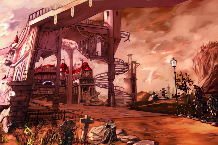 architecture balcony cliff clock clock_tower clouds cross evening fence fountain grass highres lamppost mountain no_humans orange_sky overpass path pavement polskash road scarlet_devil_mansion scenery spiral_staircase stairs stone stone_walkway sunset touhou tower tree