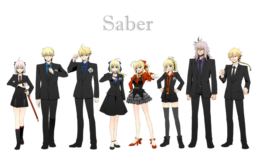 4boys 4girls ahoge braiding_hair breasts business_casual business_suit clenched_hand collar commentary_request fate/apocrypha fate/extra fate/extra_ccc fate/grand_order fate/stay_night fate/strange_fake fate_(series) flower formal gawain_(fate/extra) hair_ribbon hairdressing hand_on_hip hand_on_own_chest highres holding_sword holding_weapon katana koha-ace large_breasts long_hair messy_hair miniskirt multiple_boys multiple_girls necktie open_mouth outstretched_hand pointing pointing_at_self ponytail ribbon rose saber saber_(fate/prototype) saber_(fate/strange_fake) saber_extra saber_of_black saber_of_red sakura_saber shimaneko short_hair skirt small_breasts smile smirk standing sword weapon