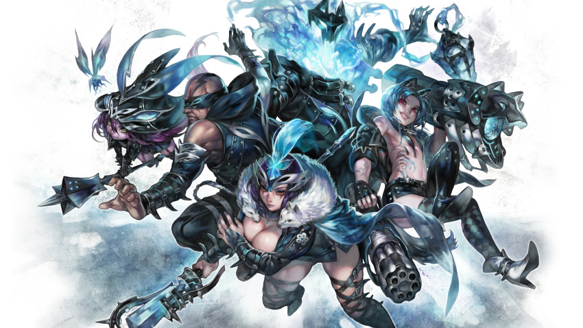 2boys 3girls alternate_costume animal_ears aoin blindfold blue breasts cat_ears cleavage emilia_leblanc grin highres jinx_(league_of_legends) large_breasts league_of_legends lee_sin looking_at_viewer lulu_(league_of_legends) multiple_boys multiple_girls small_breasts smile staff thresh