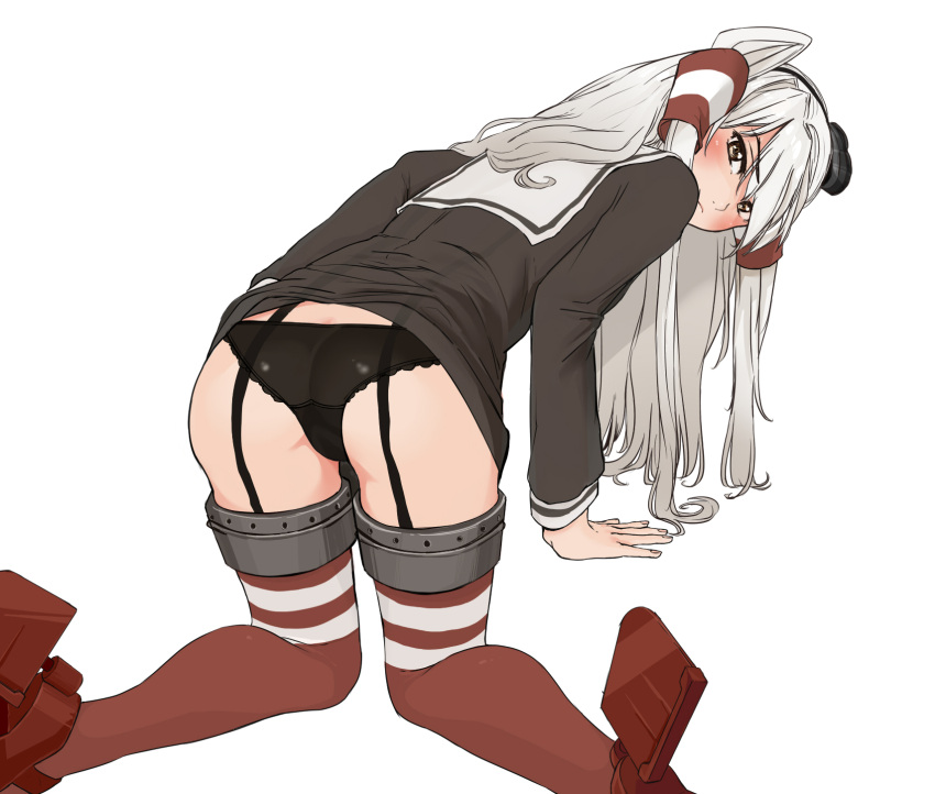 1girl all_fours amatsukaze_(kantai_collection) ass bangs black_blouse black_panties blouse blush brown_eyes from_behind frown glaring hair_tubes hat high_heels highres kantai_collection kento1102 long_hair long_sleeves looking_at_viewer looking_back mini_hat no_pants panties red_legwear red_shoes sailor_collar shoes silver_hair simple_background solo thigh-highs twintails underwear white_background