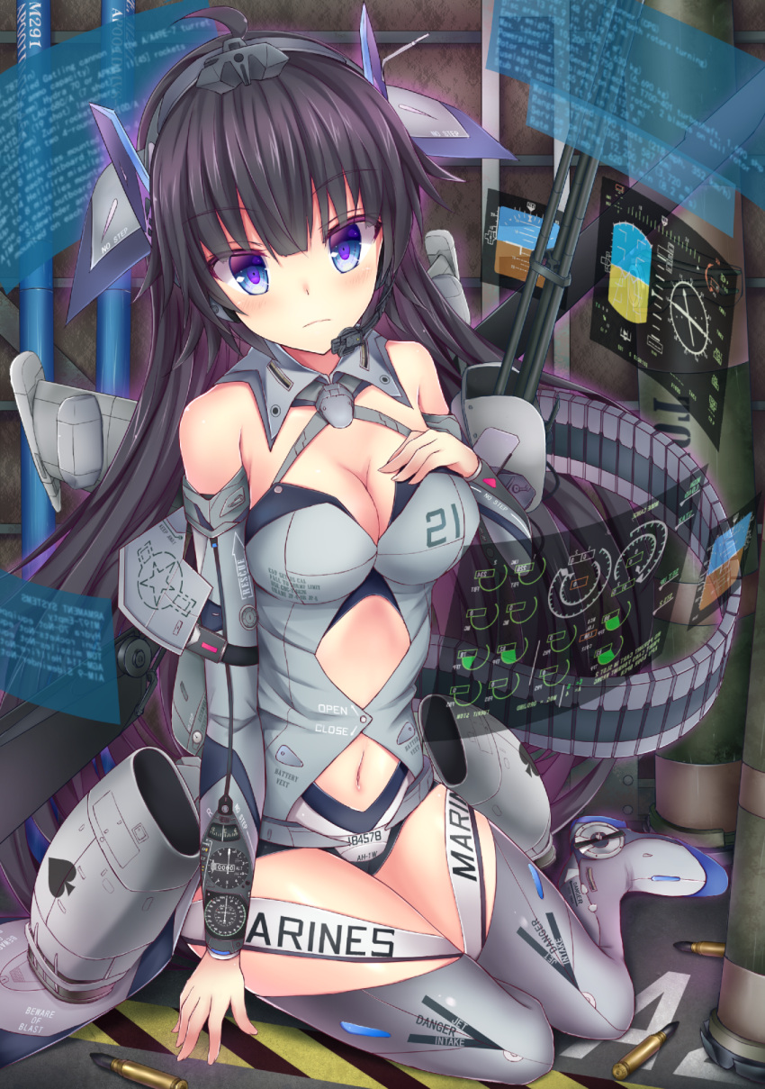 1girl ah-1w_super_cobra black_hair blue_eyes breasts bullet cleavage collar detached_sleeves expressionless headset highres large_breasts long_hair navel personification shell_casing sitting solo tfx2 very_long_hair yokozuwari