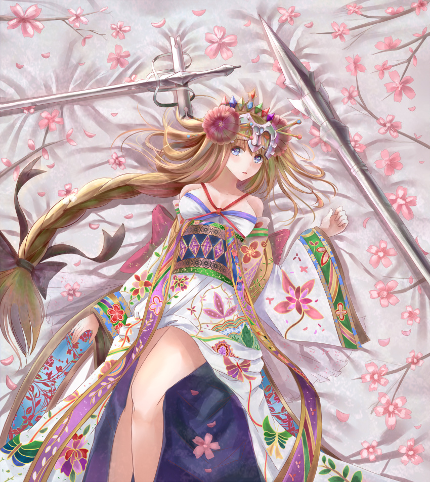 1girl absurdres artist_request blonde_hair braid breasts cherry_blossoms cleavage fate/grand_order fate/stay_night fate_(series) flower highres janne_d'arc japanese_clothes kimono legs long_hair looking_at_viewer off_shoulder ruler_(fate/apocrypha) single_braid solo sword thighs type-moon weapon