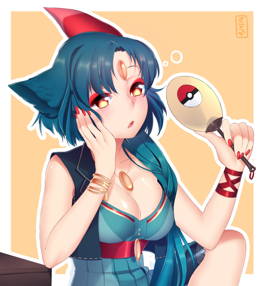 1girl animal_ears bangle blue_hair bracelet breasts cleavage fan fingernails forehead_jewel hand_on_own_face highres jewelry makeup matemi nail_polish open_mouth personification pokemon short_hair sneasel solo yellow_eyes