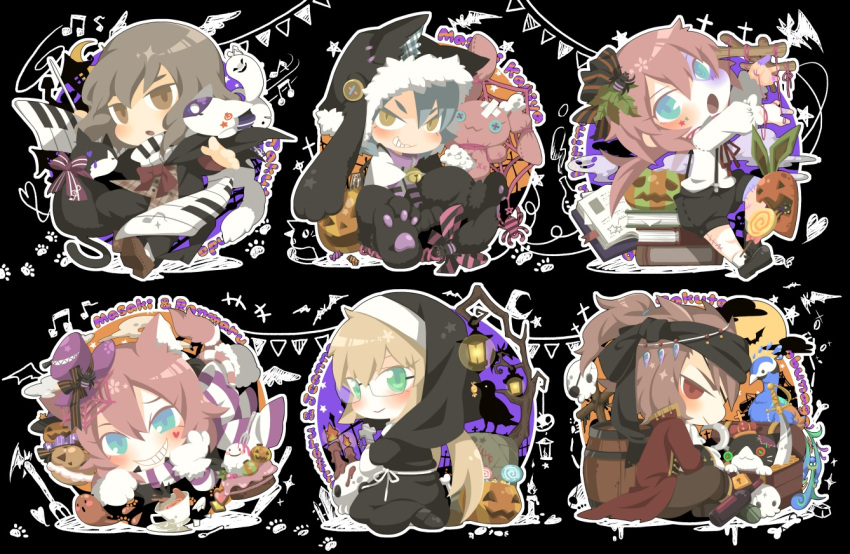 6+boys animal_ears baton_(instrument) beamed_quavers bell black_background blush book brown_eyes brown_hair candle candy cat character_name crescent_moon cup fusion ghost glasses grin inazuma_eleven_(series) inazuma_eleven_go inazuma_eleven_go_chrono_stone jack-o'-lantern jingle_bell kariya_masaki kariya_masaki_(mixi_max_kirino_ranmaru) kirino_ranmaru kirino_ranmaru_(mixi_max_jeanne_d'arc) lollipop male_focus moon multiple_boys nun open_mouth pumpkin quaver shindou_takuto shindou_takuto_(mixi_max_oda_nobunaga) simple_background skull smile swirl_lollipop teacup ticktack_chicken