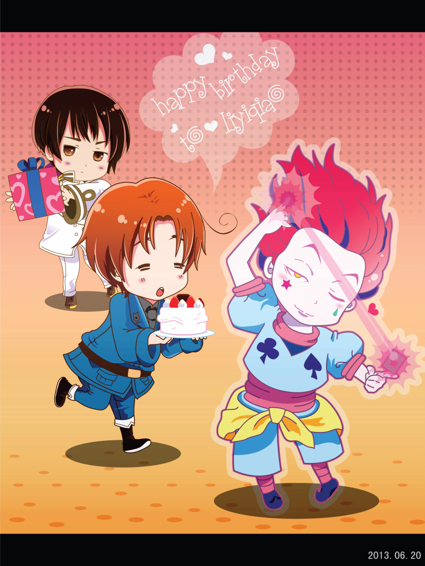 3boys =_= absurdres brown_eyes brown_hair cake card character_request chibi clubs copyright_request dated food gift happy_birthday heart highres hisoka_(hunter_x_hunter) hunter_x_hunter italy_(hetalia) jacket japan_(hetalia) makeup male_focus multiple_boys necktie orange_hair pale_skin playing_card polka_dot redhead robe shadow spade star x3xlll yellow_eyes