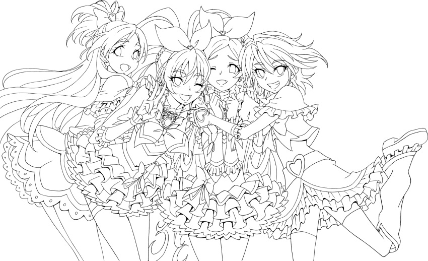 4girls absurdly_long_hair bike_shorts boots bow bridal_gauntlets brooch choker commentary_request cure_black cure_melody cure_rhythm cure_white dress earrings elbow_gloves eunos eyebrows fingerless_gloves frilled_dress frills futari_wa_precure futari_wa_precure_max_heart gloves hair_bow highres houjou_hibiki hug jewelry leaning_on_person long_hair midriff minamino_kanade misumi_nagisa monochrome multiple_girls navel one_eye_closed ponytail precure short_hair shorts_under_skirt skirt smile smirk suite_precure thick_eyebrows thigh-highs twintails v very_long_hair yukishiro_honoka