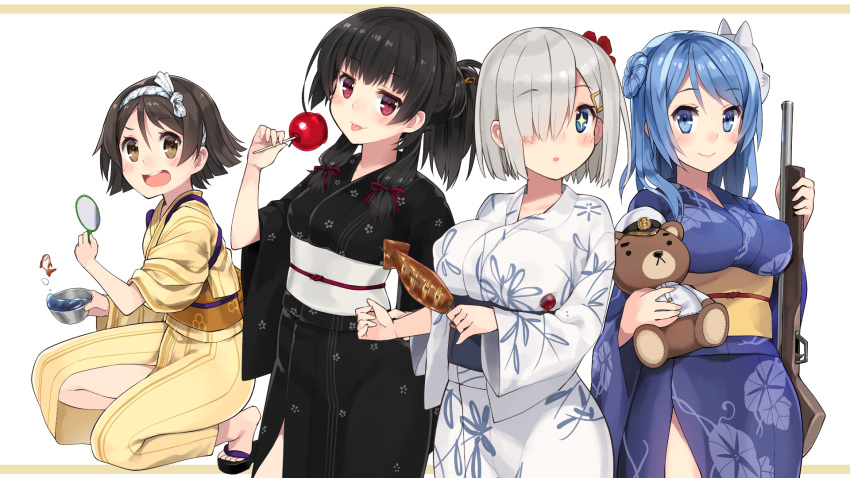 +_+ 4girls :d :o :p admiral_(kantai_collection) alternate_costume alternate_hairstyle bangs black_hair black_kimono blue_eyes blue_hair blush breasts brown_eyes brown_hair candy_apple character_doll covered_nipples double_bun festival fish floral_print flower fox_mask from_side goldfish goldfish_scooping gun hair_flower hair_ornament hair_over_one_eye hair_ribbon hair_up hairband hairclip hamakaze_(kantai_collection) hand_on_hip hat highres holding holding_gun holding_weapon ikayaki isokaze_(kantai_collection) japanese_clothes kantai_collection kimono kuro_chairo_no_neko large_breasts lips long_hair long_sleeves looking_at_viewer mask mask_on_head multiple_girls obi open_mouth peaked_cap poi_(goldfish_scoop) polka_dot_ribbon ponytail red_eyes red_ribbon ribbon sandals sash shooting_gallery short_hair silver_hair simple_background smile squatting stuffed_animal stuffed_toy summer_festival tanikaze_(kantai_collection) tasuki teddy_bear tongue tongue_out tress_ribbon urakaze_(kantai_collection) wallpaper water weapon white_background wide_sleeves yukata