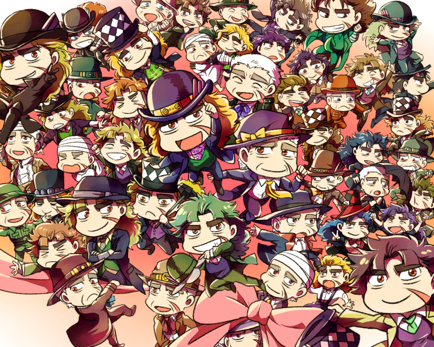 &gt;_&lt; 6+boys :&lt; :d argyle bandaged_head blade blonde_hair bowler_hat brown_hair chibi clenched_hand closed_eyes crossed_arms fedora formal gradient gradient_background green_hair grin hat hat_removed headwear_removed jojo_no_kimyou_na_bouken multiple_boys necktie old_man older one_eye_closed open_mouth purple_hair ribbon robert_eo_speedwagon scar_on_cheek sledgehammer smile suit top_hat triangle_mouth umbrella v vest white_hair wrinkles xd yuu_knight3858