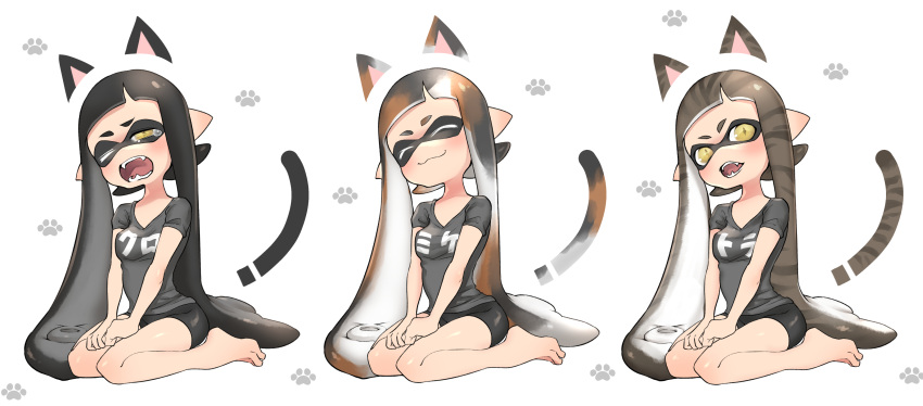 1girl animal_ears bike_shorts cat_ears cat_paw cat_tail closed_eyes domino_mask fangs highres inkling long_hair mask open_mouth pointy_ears puchiman smile solo splatoon tail tears tentacle_hair yawning