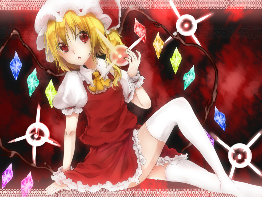 +_+ 1girl arm_support ascot blonde_hair blouse bow flandre_scarlet from_side hat highres looking_at_viewer mob_cap no_shoes parted_lips puffy_short_sleeves puffy_sleeves red_eyes ruffled_skirt scrunchie short_hair short_sleeves side_ponytail sitting skirt skirt_set solo spell_card takanashi_keisuke thigh-highs touhou white_legwear wings wrist_scrunchie