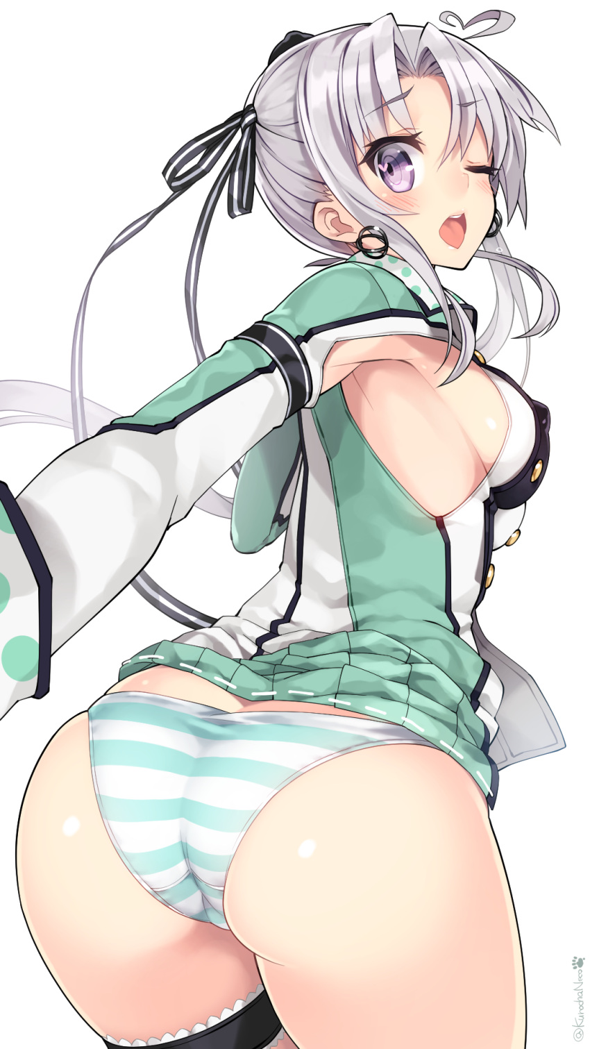 1girl ;o akitsushima_(kantai_collection) ass blush breasts covered_nipples earrings from_behind hair_ribbon highres jewelry kantai_collection kuro_chairo_no_neko looking_back one_eye_closed panties ribbon ribbon-trimmed_skirt side_ponytail sideboob silver_hair simple_background skirt skirt_lift solo striped striped_panties tongue tongue_out twitter_username underwear violet_eyes white_background