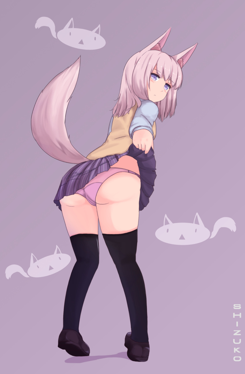 1girl animal_ears blue_eyes expressionless from_behind highres looking_at_viewer looking_back nao_(ritsancrossover) original panties pleated_skirt purple_background shirt silver_hair simple_background skirt skirt_lift sweater_vest tail thigh-highs underwear wolf_ears wolf_tail
